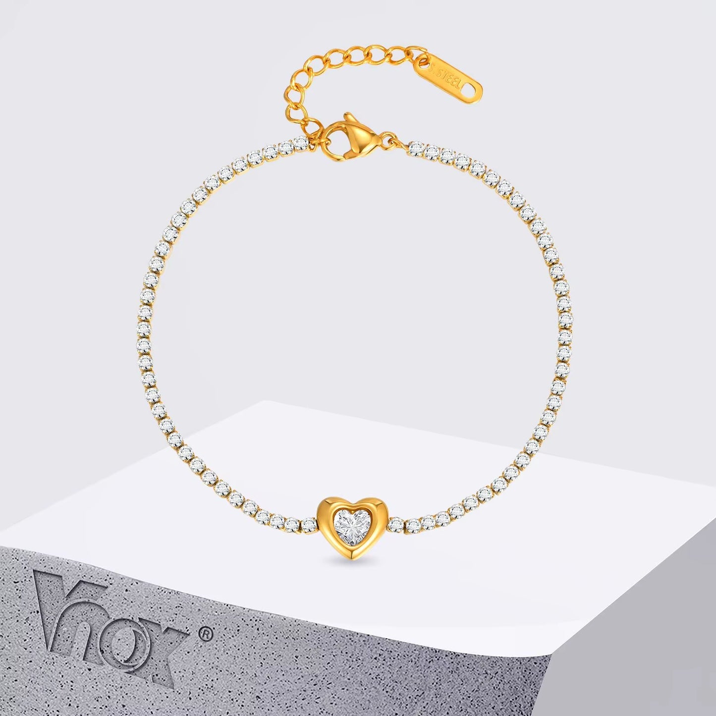 Heart-Shaped Shiny ZC Stones Chain Bracelet, Simple Stainless Steel White Strap Wristband, Love Romantic Hand Jewelry Gifts