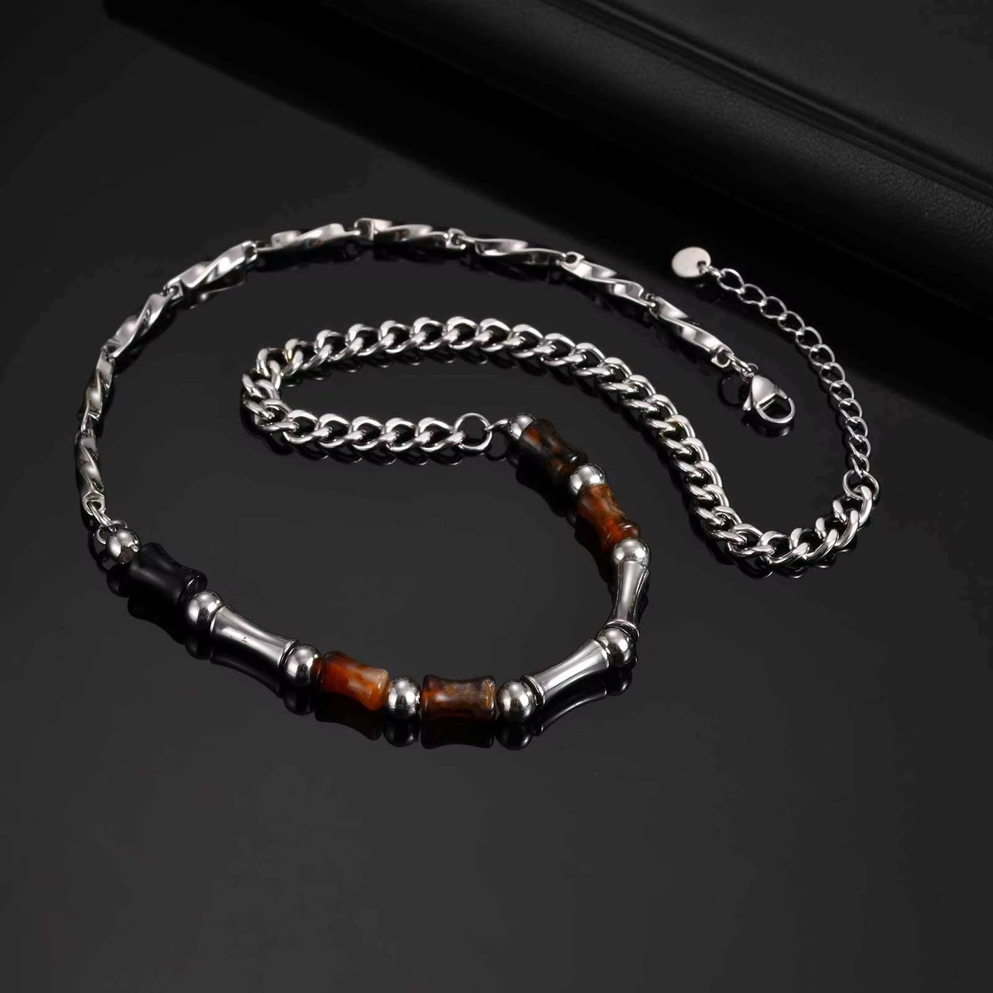46-51Cm Adjustable Steel Bamboo Necklace with Lobster Clasp, Natural Agate Beads Minimalist Jewelry Gift for Men Women