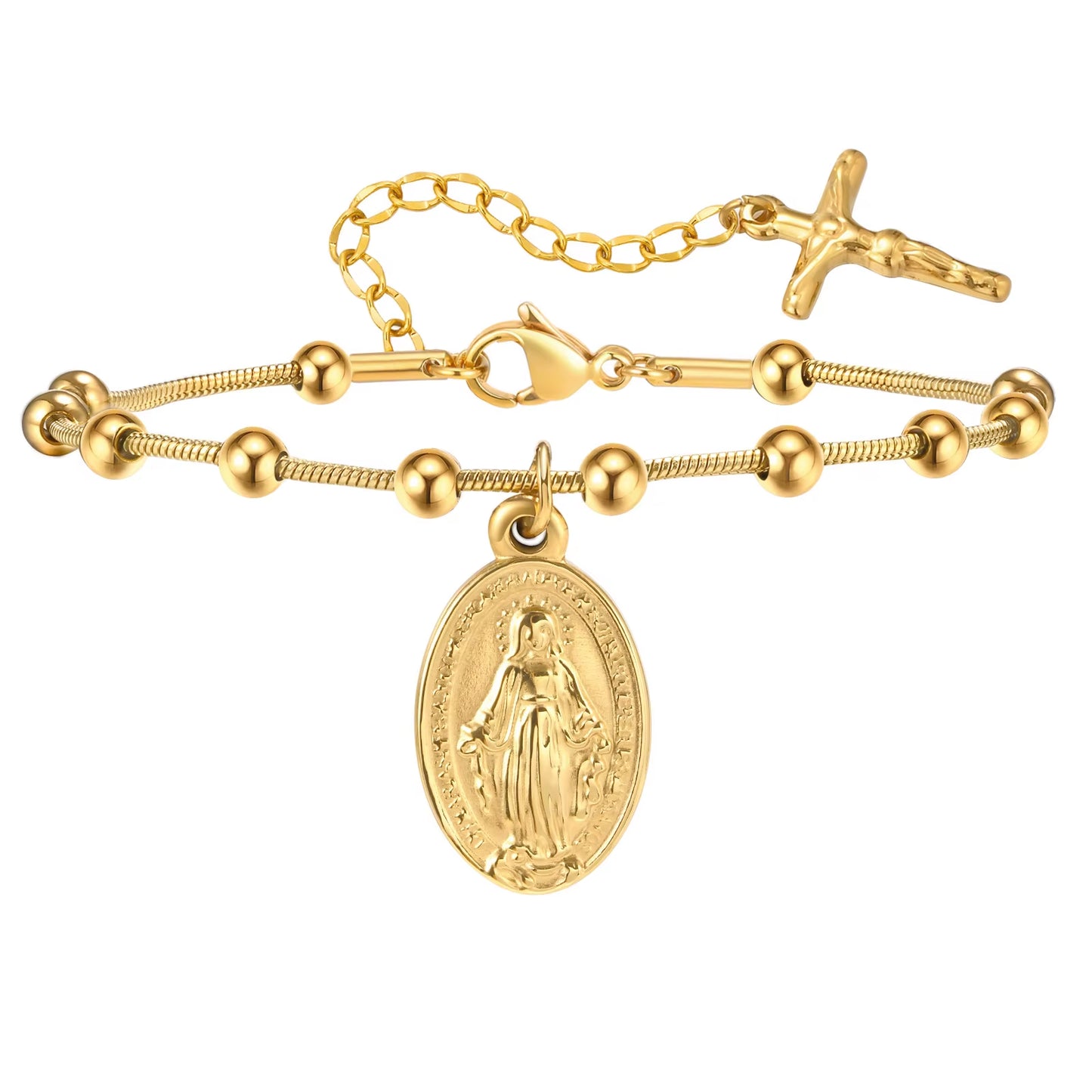 Double Sides Women Rosary Bracelets,Gold Plated Stainless Steel Religious Prayer Charm Bracelet,Cross Virgin Mary Bracelets