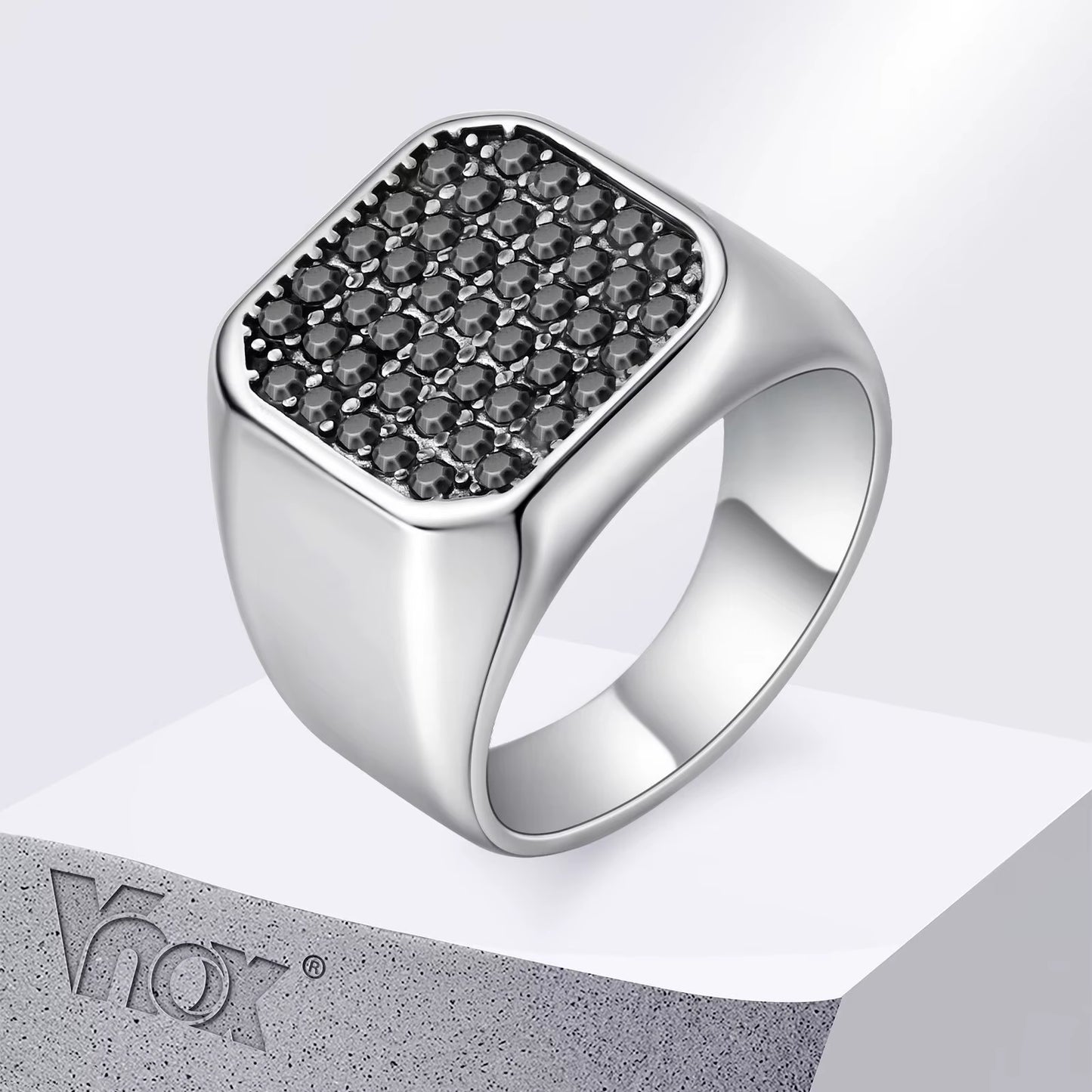 Men'S Stainless Steel Ring with Grey Zircon, Silver Color US Size 7-12 Signet Square Punk Rock Ring, Gift for Party Wedding