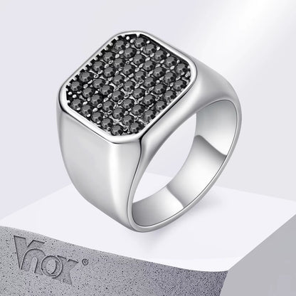 Men'S Stainless Steel Ring with Grey Zircon, Silver Color US Size 7-12 Signet Square Punk Rock Ring, Gift for Party Wedding