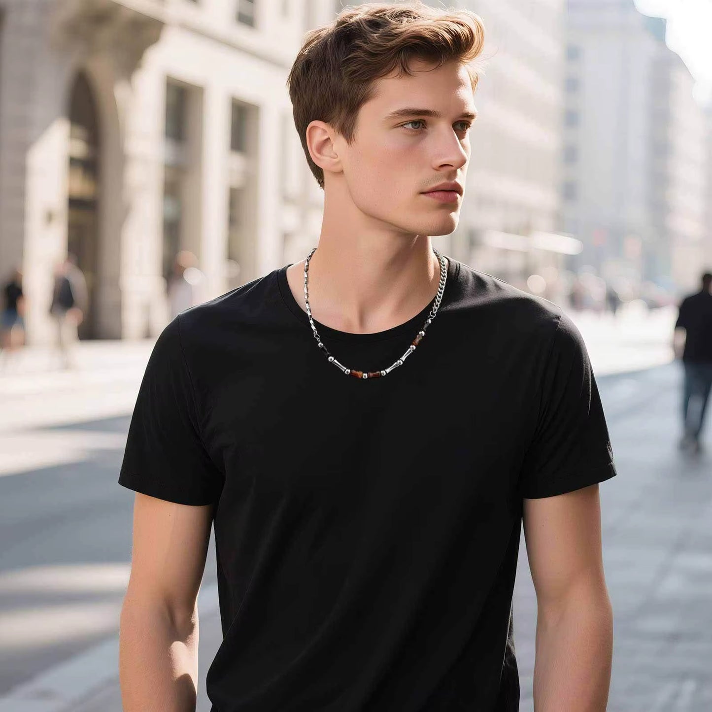 46-51Cm Adjustable Steel Bamboo Necklace with Lobster Clasp, Natural Agate Beads Minimalist Jewelry Gift for Men Women