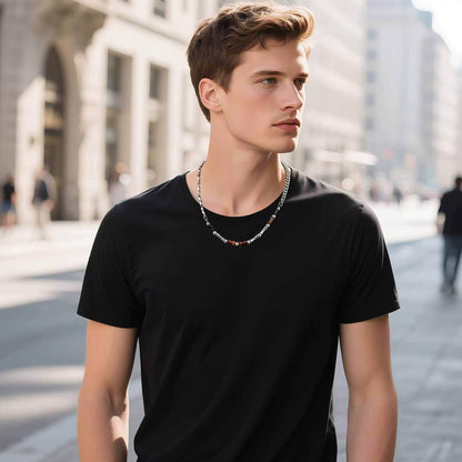 46-51Cm Adjustable Steel Bamboo Necklace with Lobster Clasp, Natural Agate Beads Minimalist Jewelry Gift for Men Women