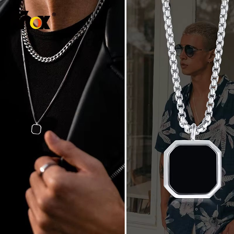 Black Square Necklace for Men, Stainless Steel Geometric Pendant, Casual Punk Boy Layer Cuban Box Figaro Chain Jewelry