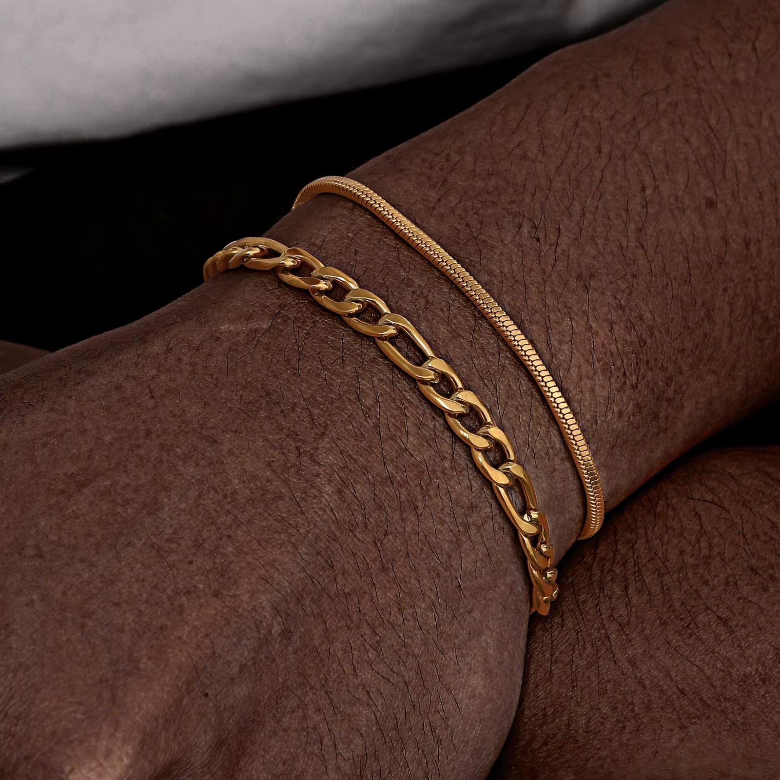 Cuban Link Chain Bracelets for Men Boys, Black Gold Color Stainless Steel Figaro Snake Chain Wristband, Stacked Bracelets