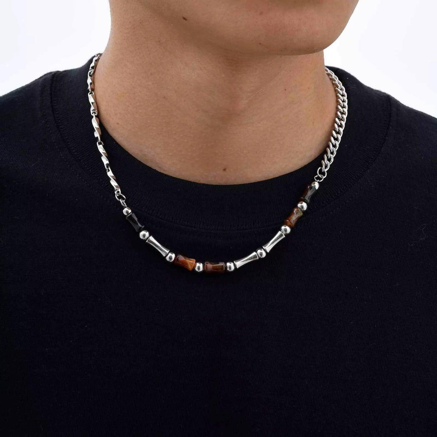 46-51Cm Adjustable Steel Bamboo Necklace with Lobster Clasp, Natural Agate Beads Minimalist Jewelry Gift for Men Women