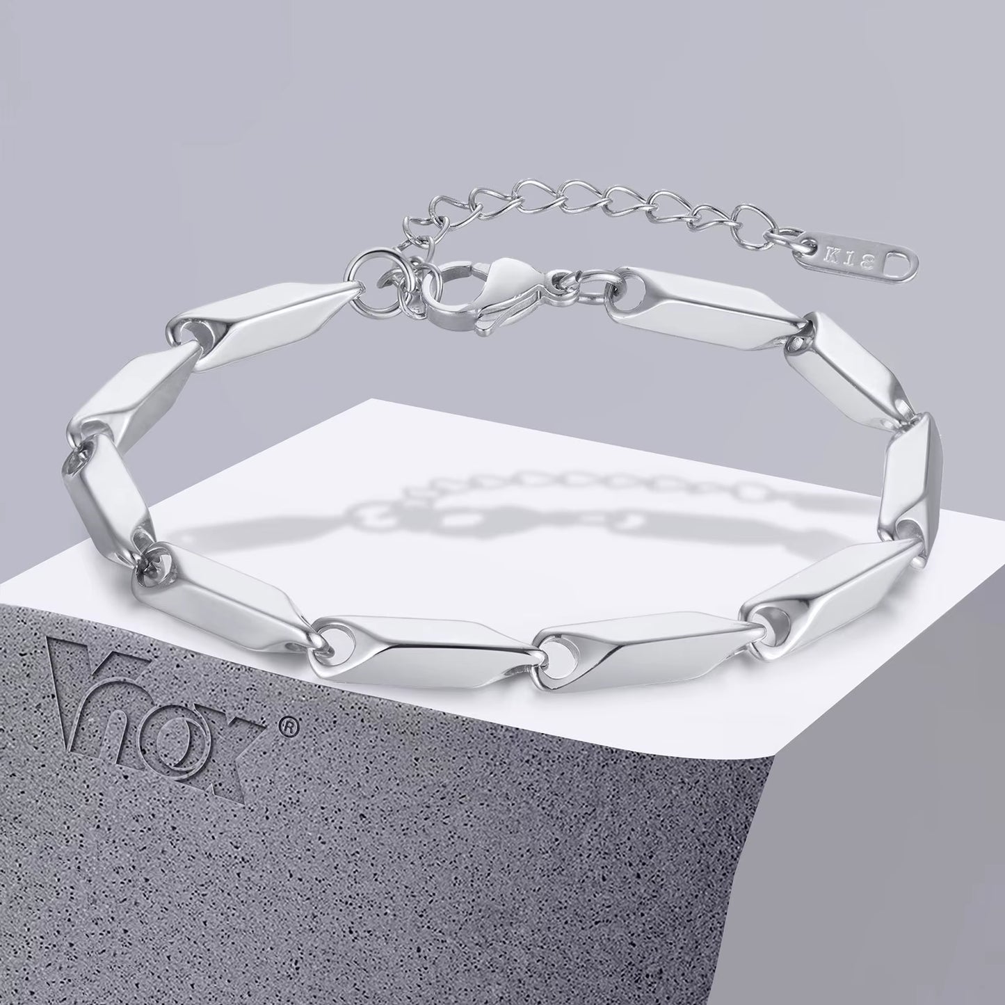 Mens Geometric Rhombus Chain Bracelet,Casual Stainless Steel Metal Links Wristband, Length Adjustable