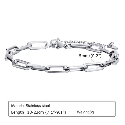 5Mm Paperclip Chain Bracelet for Men, Casual Stylish Rectangle Links Wristband, Adjustable Chain Jewelry