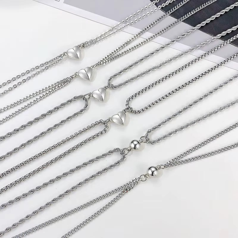 1Pair Mgneti Heart Necklaces for Women Men,Never Fade Love Attractive Couple Necklace,60Cm Stainless Steel Cuban Link Chain