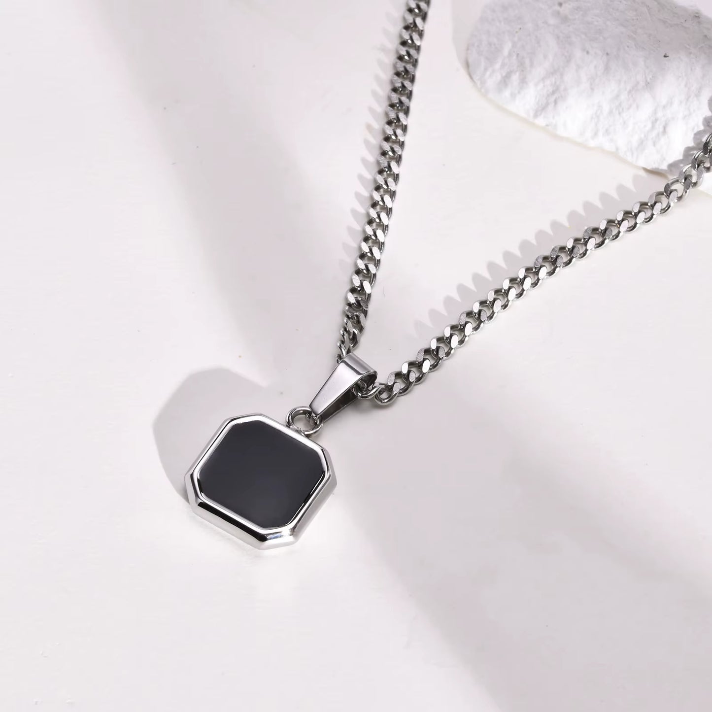 Black Square Necklace for Men, Stainless Steel Geometric Pendant, Casual Punk Boy Layer Cuban Box Figaro Chain Jewelry