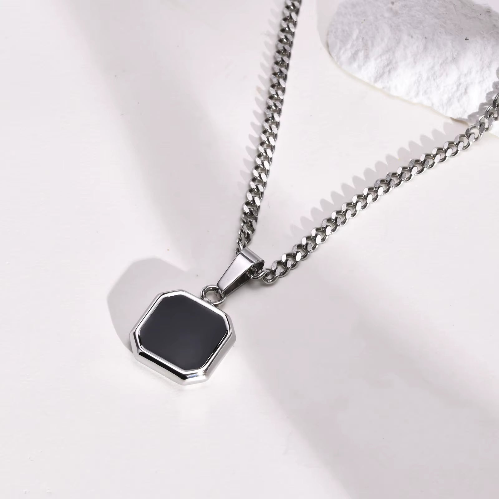 Black Square Necklace for Men, Stainless Steel Geometric Pendant, Casual Punk Boy Layer Cuban Box Figaro Chain Jewelry