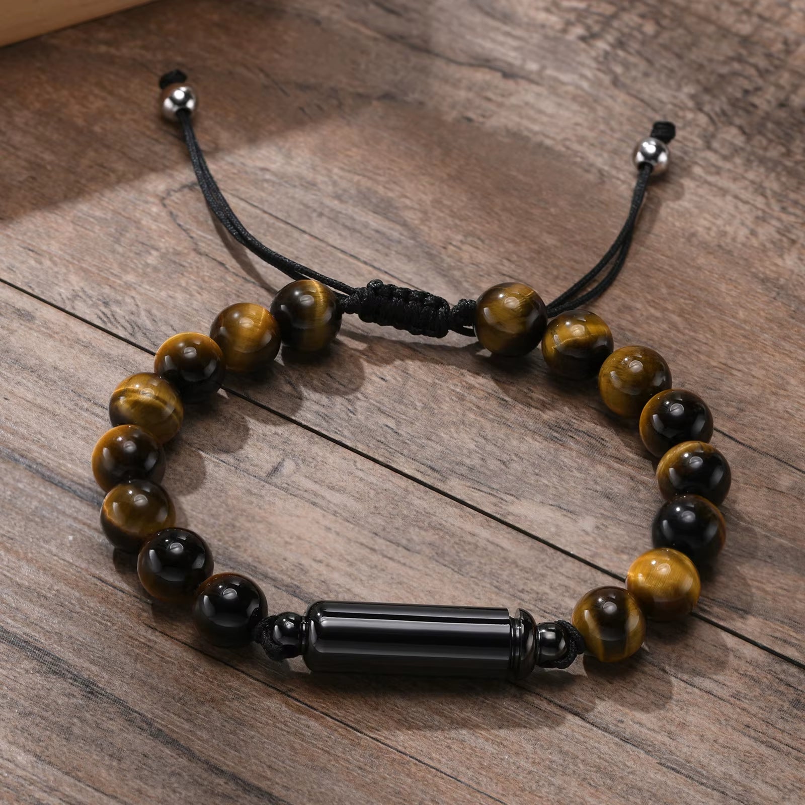Dropshipping Cremation Urn Bracelets for Men, Adjustable Tiger Eye Beads Chain Wristband, Pet Family Papa Ashes Holder
