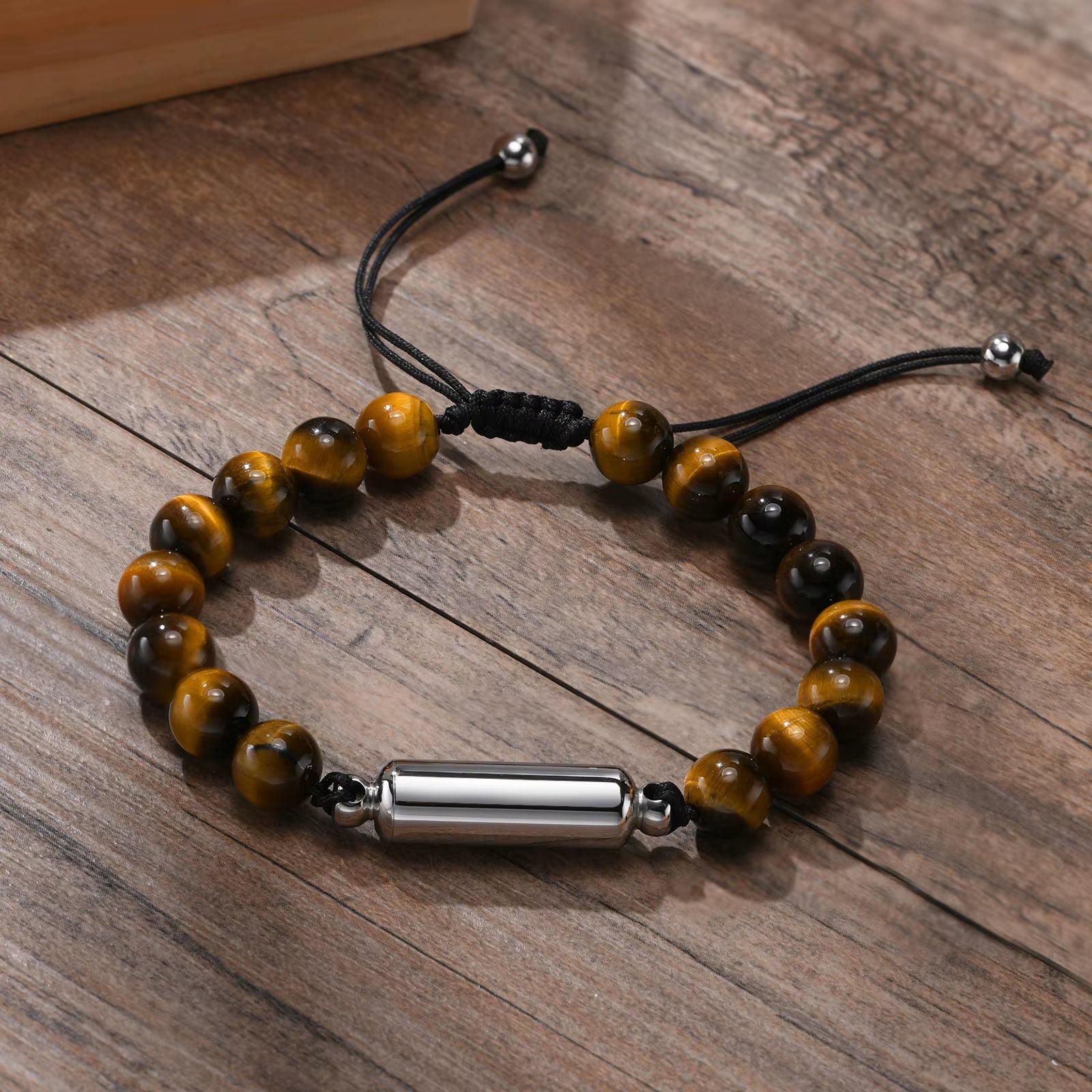 Dropshipping Cremation Urn Bracelets for Men, Adjustable Tiger Eye Beads Chain Wristband, Pet Family Papa Ashes Holder