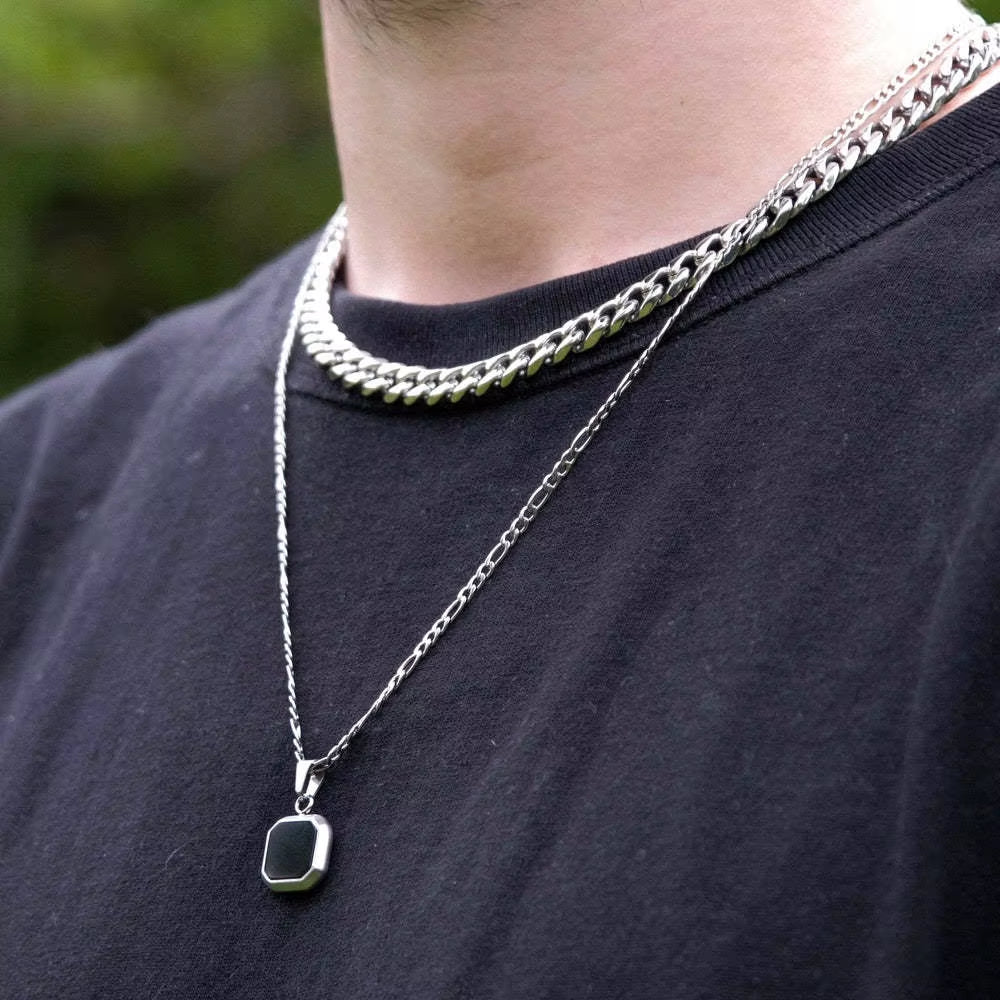 Black Square Necklace for Men, Stainless Steel Geometric Pendant, Casual Punk Boy Layer Cuban Box Figaro Chain Jewelry