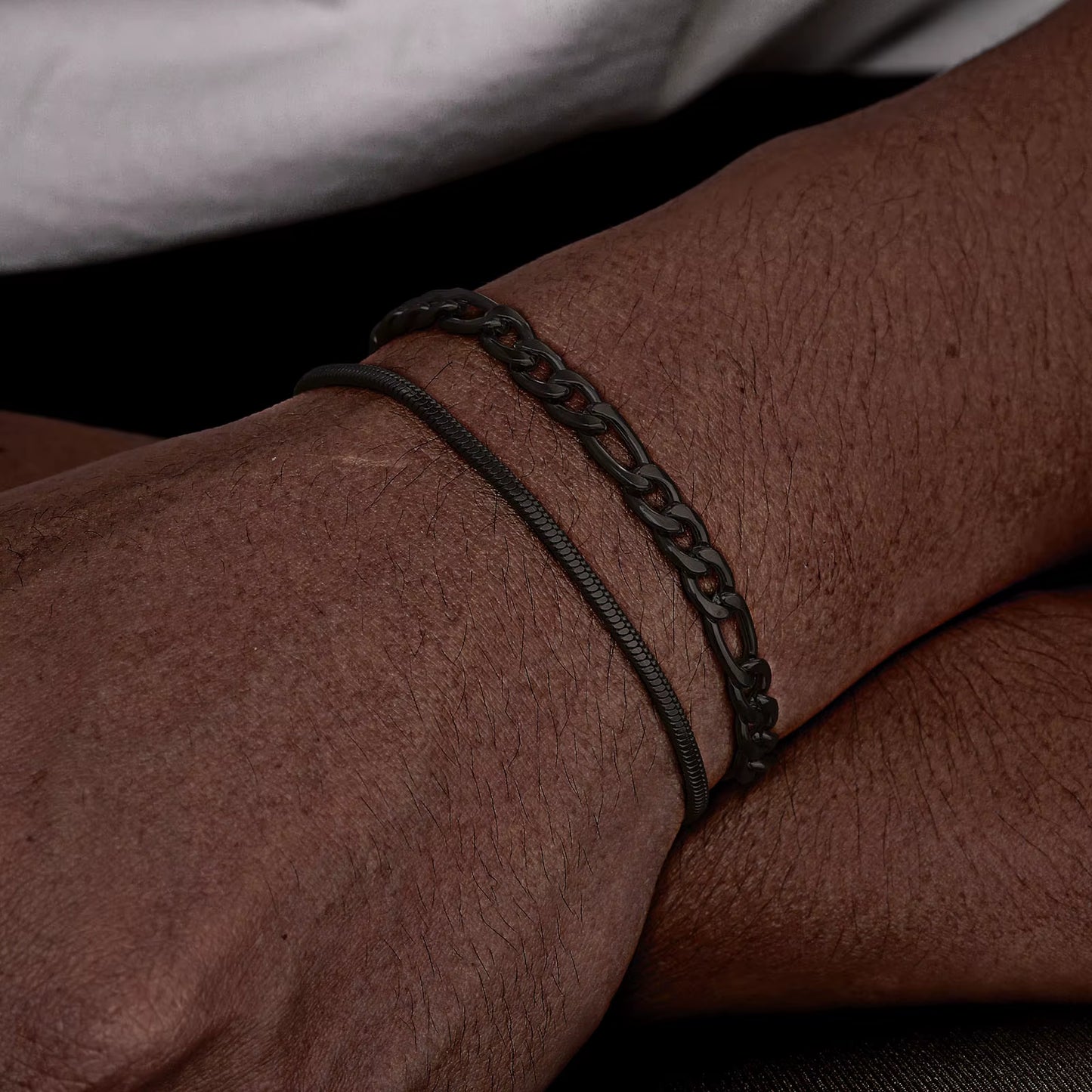 Cuban Link Chain Bracelets for Men Boys, Black Gold Color Stainless Steel Figaro Snake Chain Wristband, Stacked Bracelets