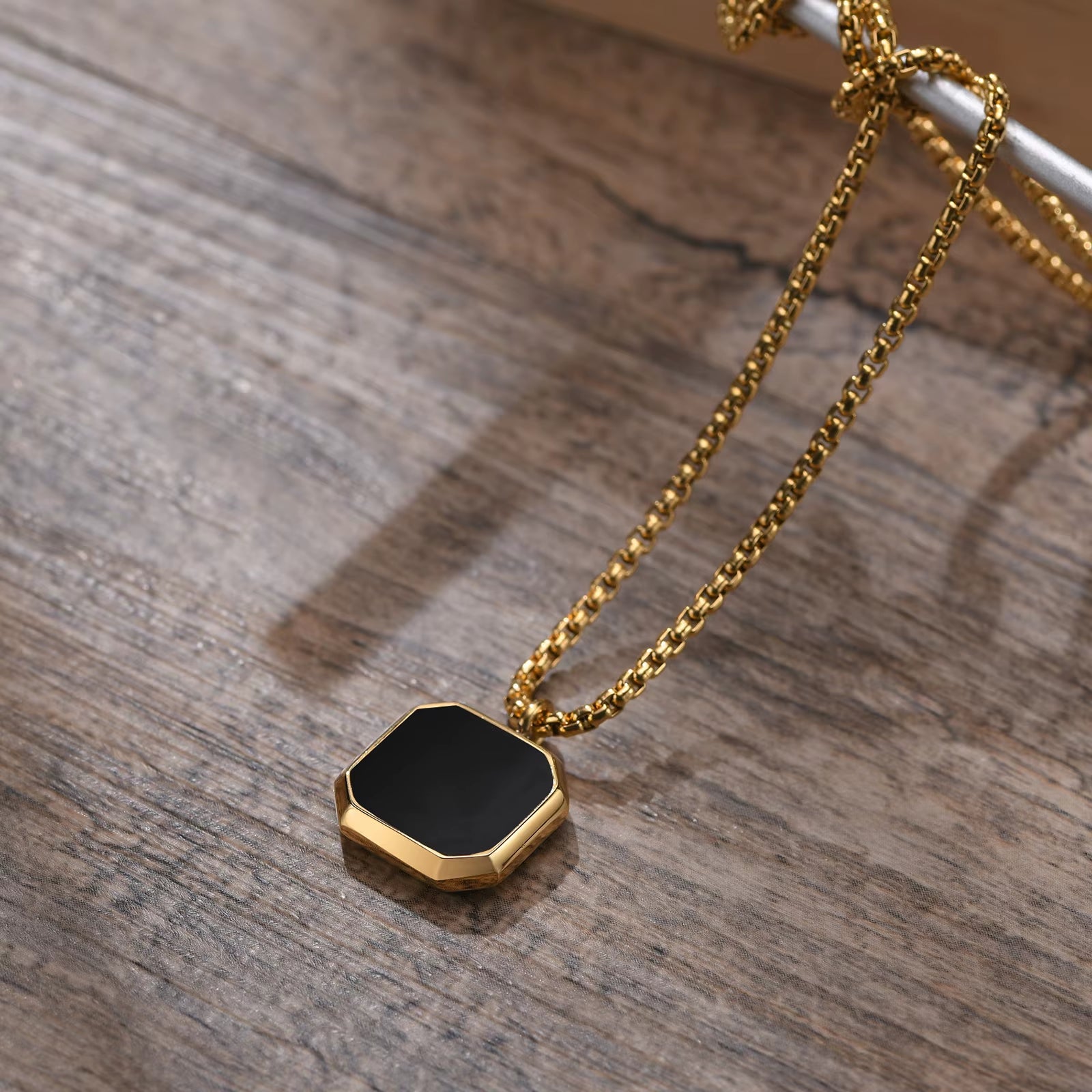 Black Square Necklace for Men, Stainless Steel Geometric Pendant, Casual Punk Boy Layer Cuban Box Figaro Chain Jewelry