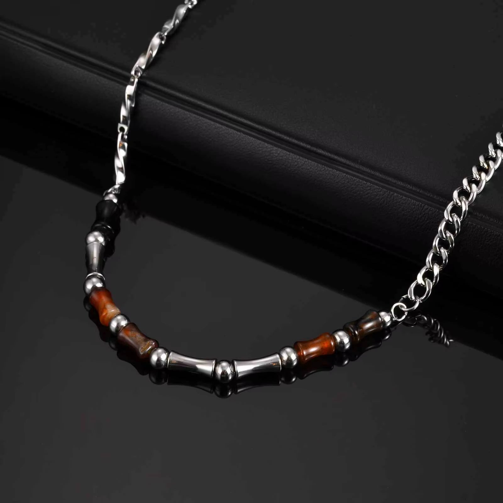 46-51Cm Adjustable Steel Bamboo Necklace with Lobster Clasp, Natural Agate Beads Minimalist Jewelry Gift for Men Women