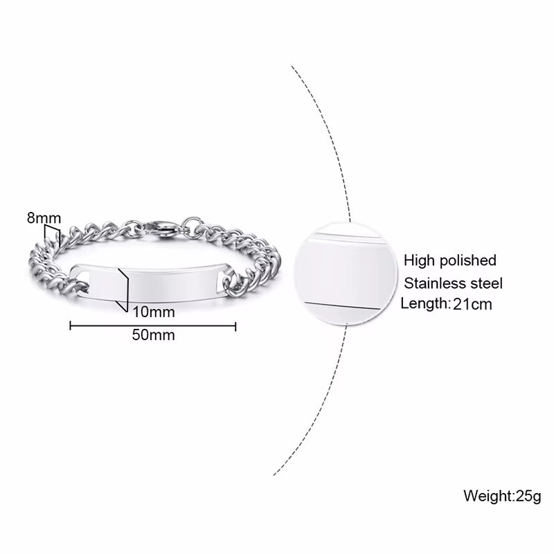 Customize Engrave ID Bar Bracelet for Men Stainless Steel Classic Simple Personalize Name Info Male Jewelry Gift