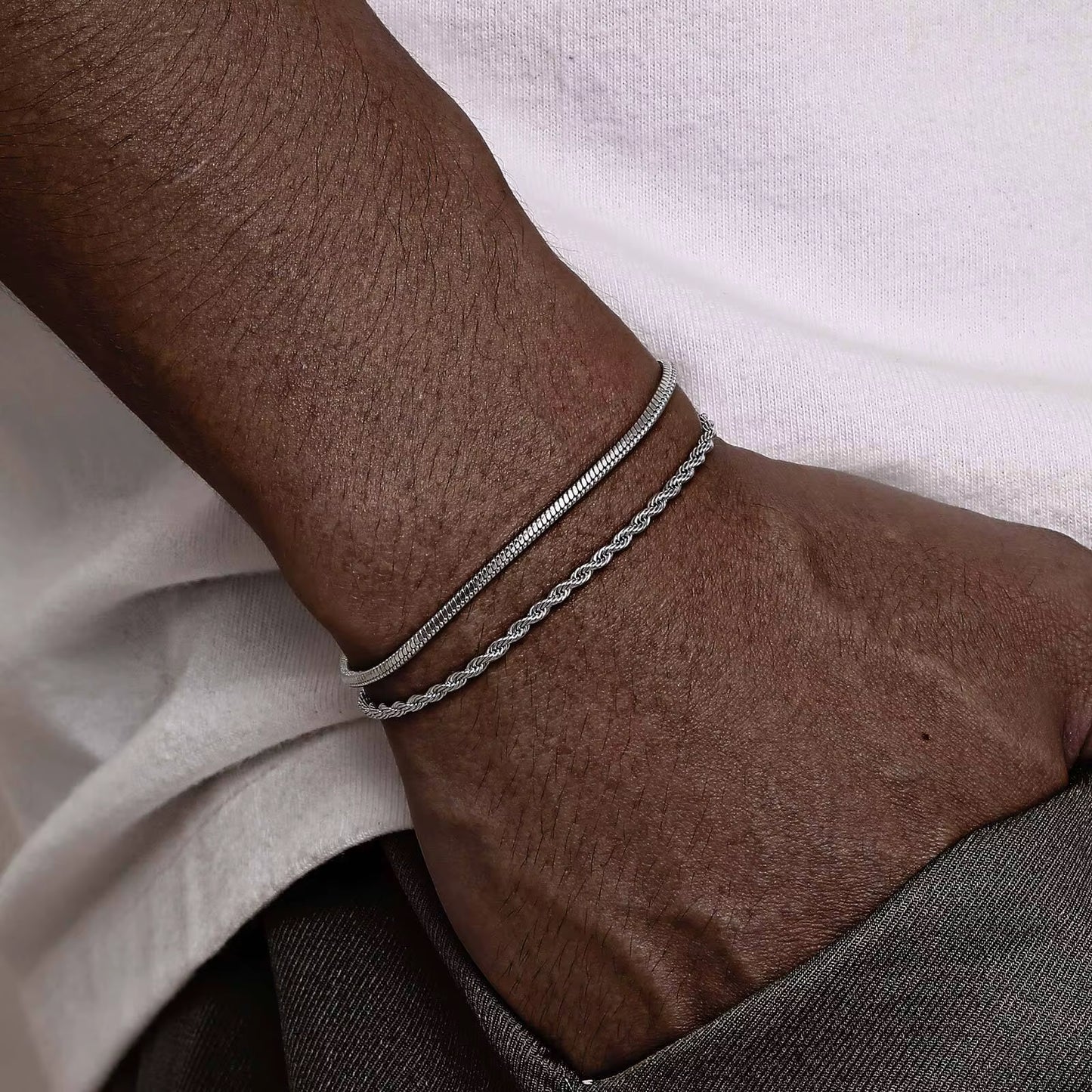 2Pcs/ Set Mens Chain Bracelets, 16Cm-21Cm Adjustable Twisted Rope Chain Bracelet, 21Cm-24Cm Steel Snake Links Bracelet