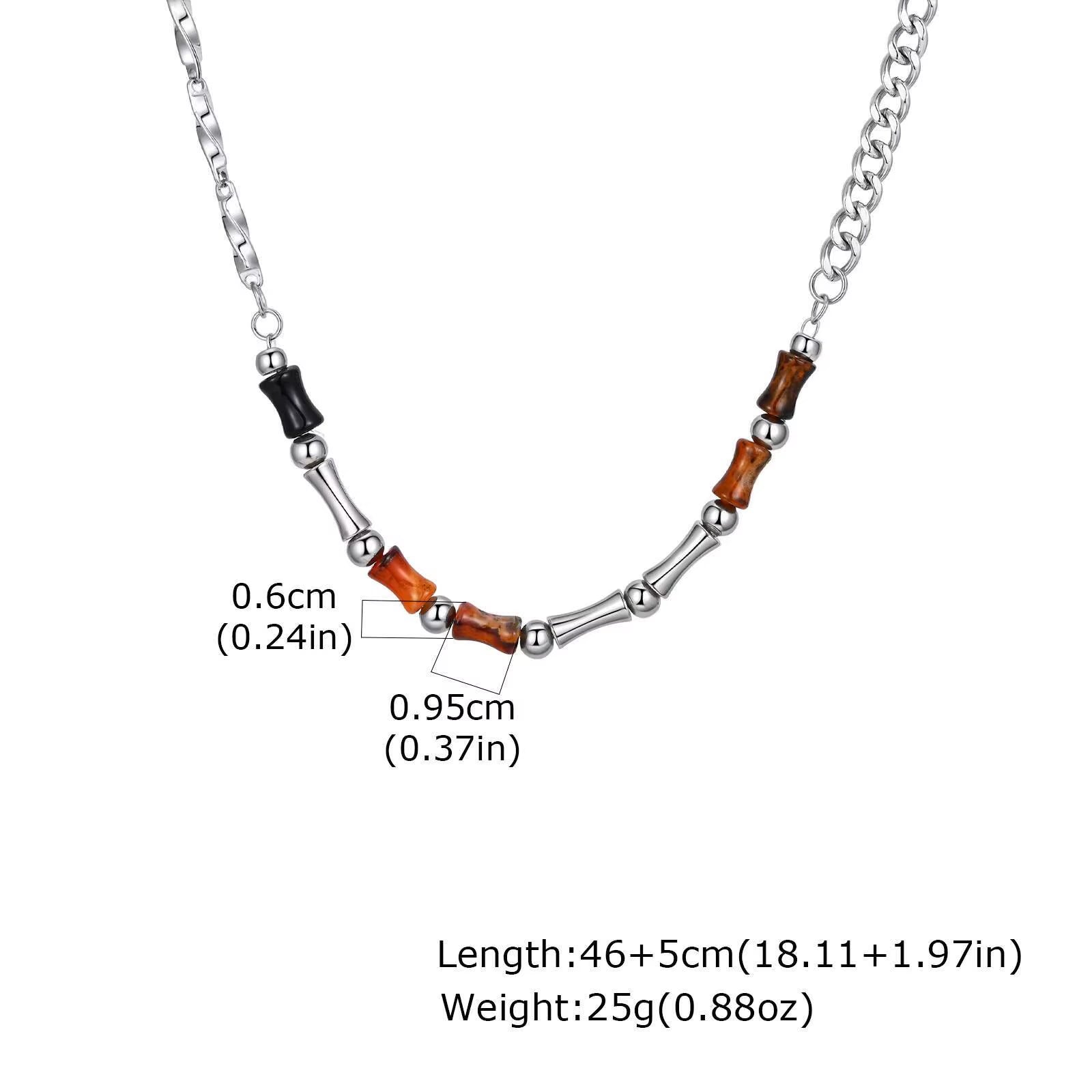 46-51Cm Adjustable Steel Bamboo Necklace with Lobster Clasp, Natural Agate Beads Minimalist Jewelry Gift for Men Women