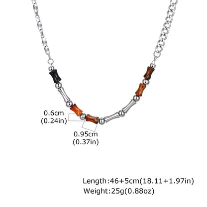 46-51Cm Adjustable Steel Bamboo Necklace with Lobster Clasp, Natural Agate Beads Minimalist Jewelry Gift for Men Women