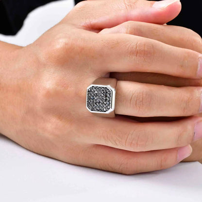 Men'S Stainless Steel Ring with Grey Zircon, Silver Color US Size 7-12 Signet Square Punk Rock Ring, Gift for Party Wedding