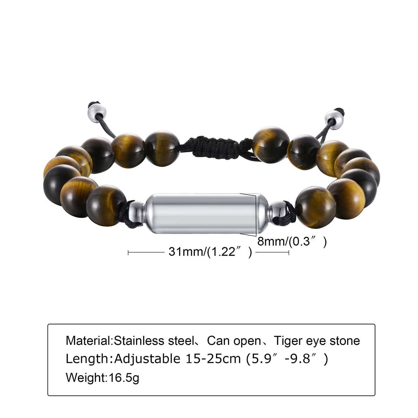 Dropshipping Cremation Urn Bracelets for Men, Adjustable Tiger Eye Beads Chain Wristband, Pet Family Papa Ashes Holder