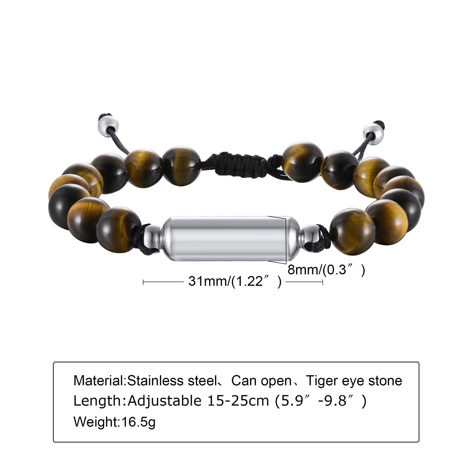 Dropshipping Cremation Urn Bracelets for Men, Adjustable Tiger Eye Beads Chain Wristband, Pet Family Papa Ashes Holder