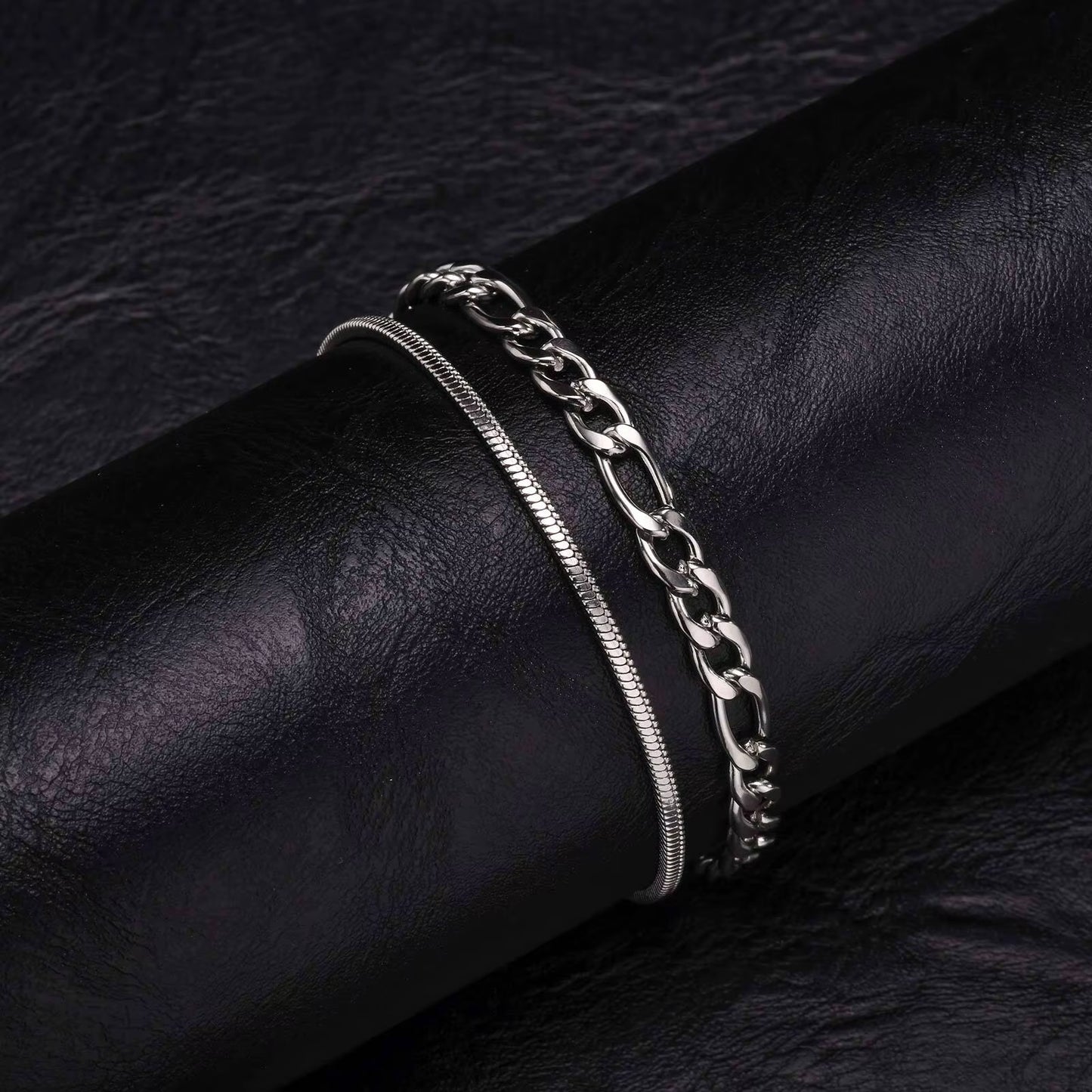 Cuban Link Chain Bracelets for Men Boys, Black Gold Color Stainless Steel Figaro Snake Chain Wristband, Stacked Bracelets