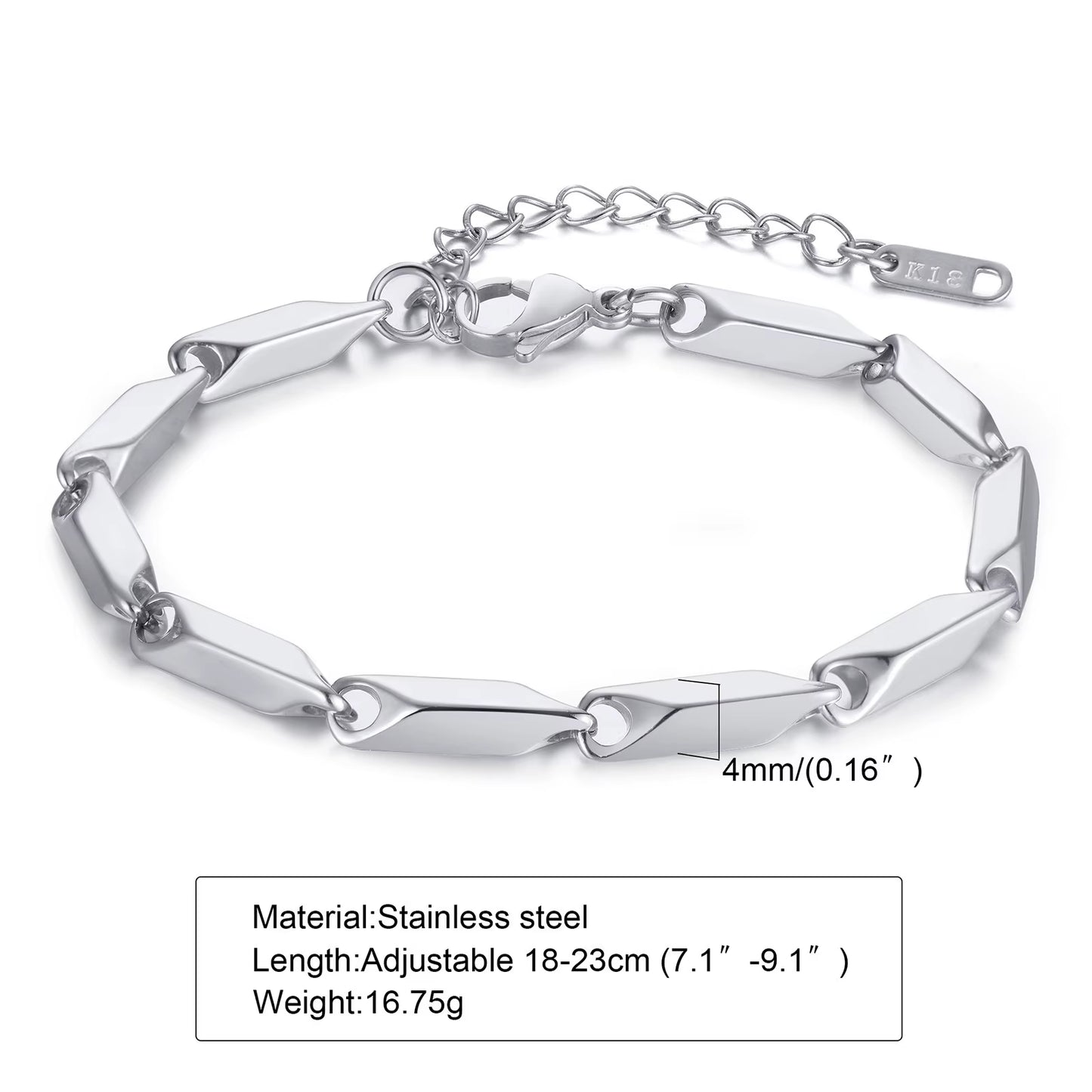 Mens Geometric Rhombus Chain Bracelet,Casual Stainless Steel Metal Links Wristband, Length Adjustable