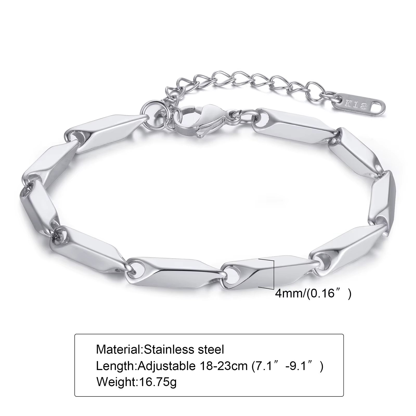 Mens Geometric Rhombus Chain Bracelet,Casual Stainless Steel Metal Links Wristband, Length Adjustable