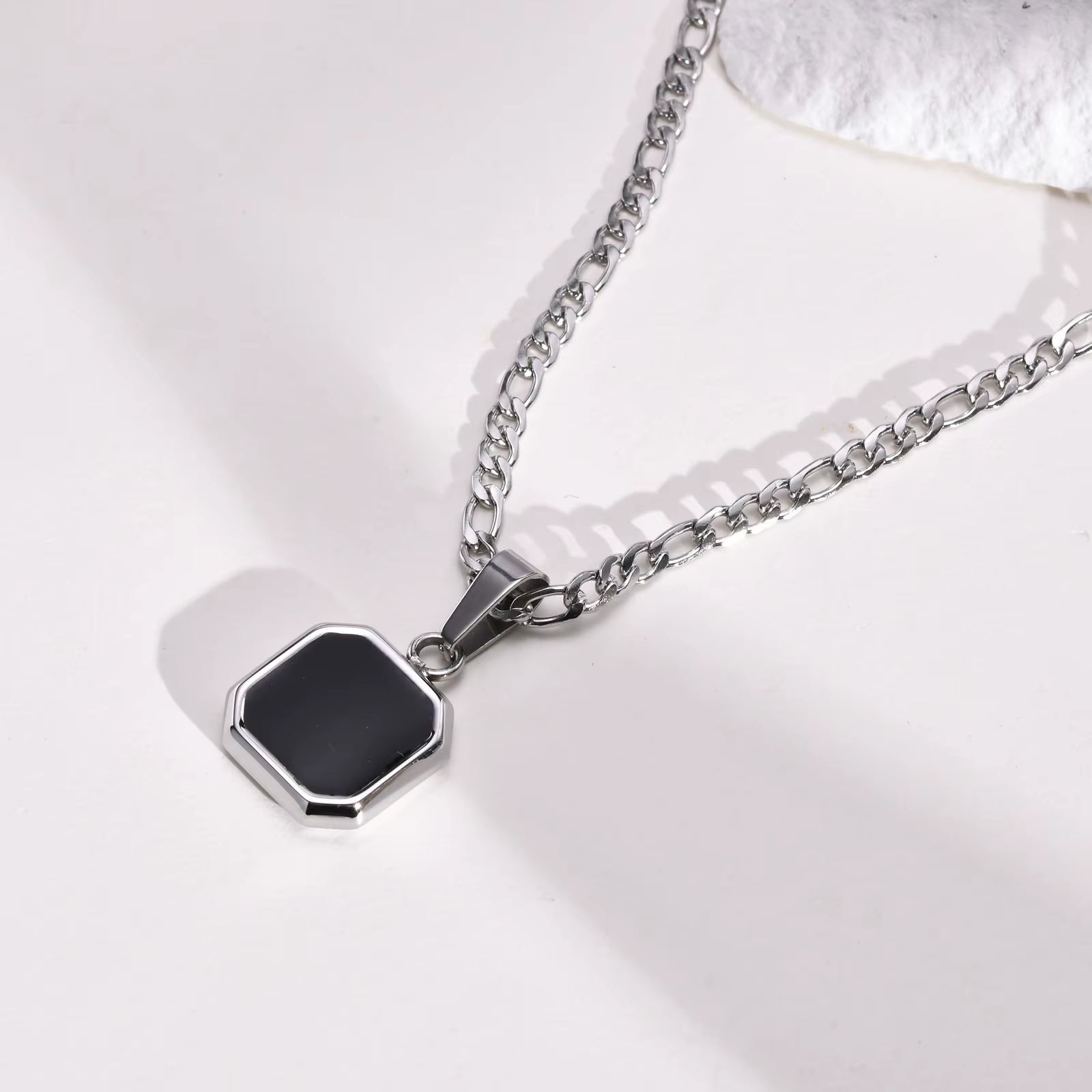 Black Square Necklace for Men, Stainless Steel Geometric Pendant, Casual Punk Boy Layer Cuban Box Figaro Chain Jewelry