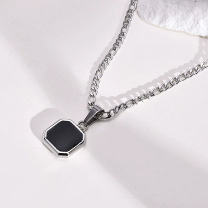 Black Square Necklace for Men, Stainless Steel Geometric Pendant, Casual Punk Boy Layer Cuban Box Figaro Chain Jewelry