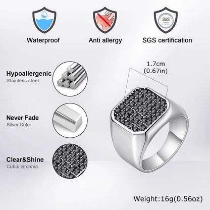 Men'S Stainless Steel Ring with Grey Zircon, Silver Color US Size 7-12 Signet Square Punk Rock Ring, Gift for Party Wedding