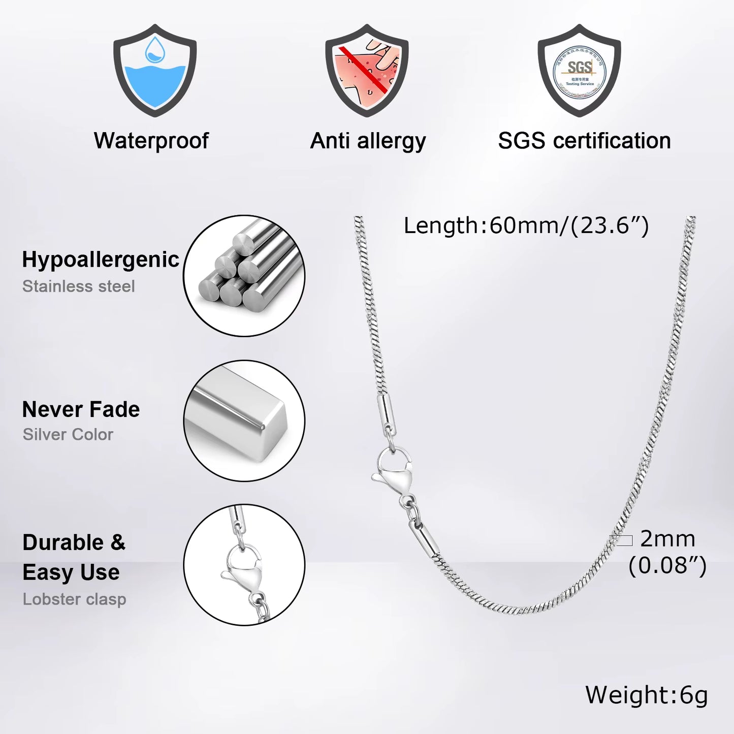 2Mm Unisex Square Snake Chain Necklace, Women Men Twisted Stainless Steel Snake Link Chain Collar, Simple Minimalist Choker