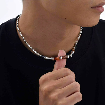 46-51Cm Adjustable Steel Bamboo Necklace with Lobster Clasp, Natural Agate Beads Minimalist Jewelry Gift for Men Women