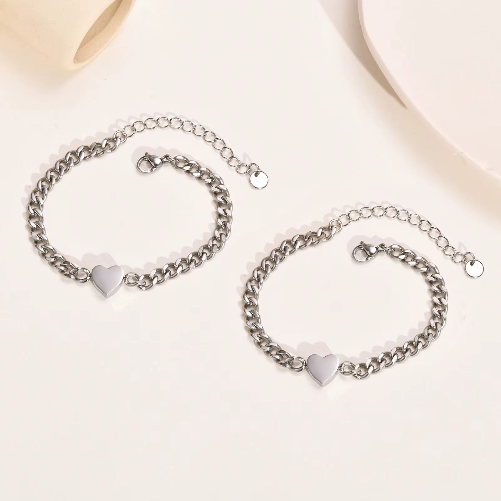 Love Heart Couple Bracelets for Men Women, Adjustable Stainless Steel Cuban Chain Bracelets Set,Valentines Day Gift for Him