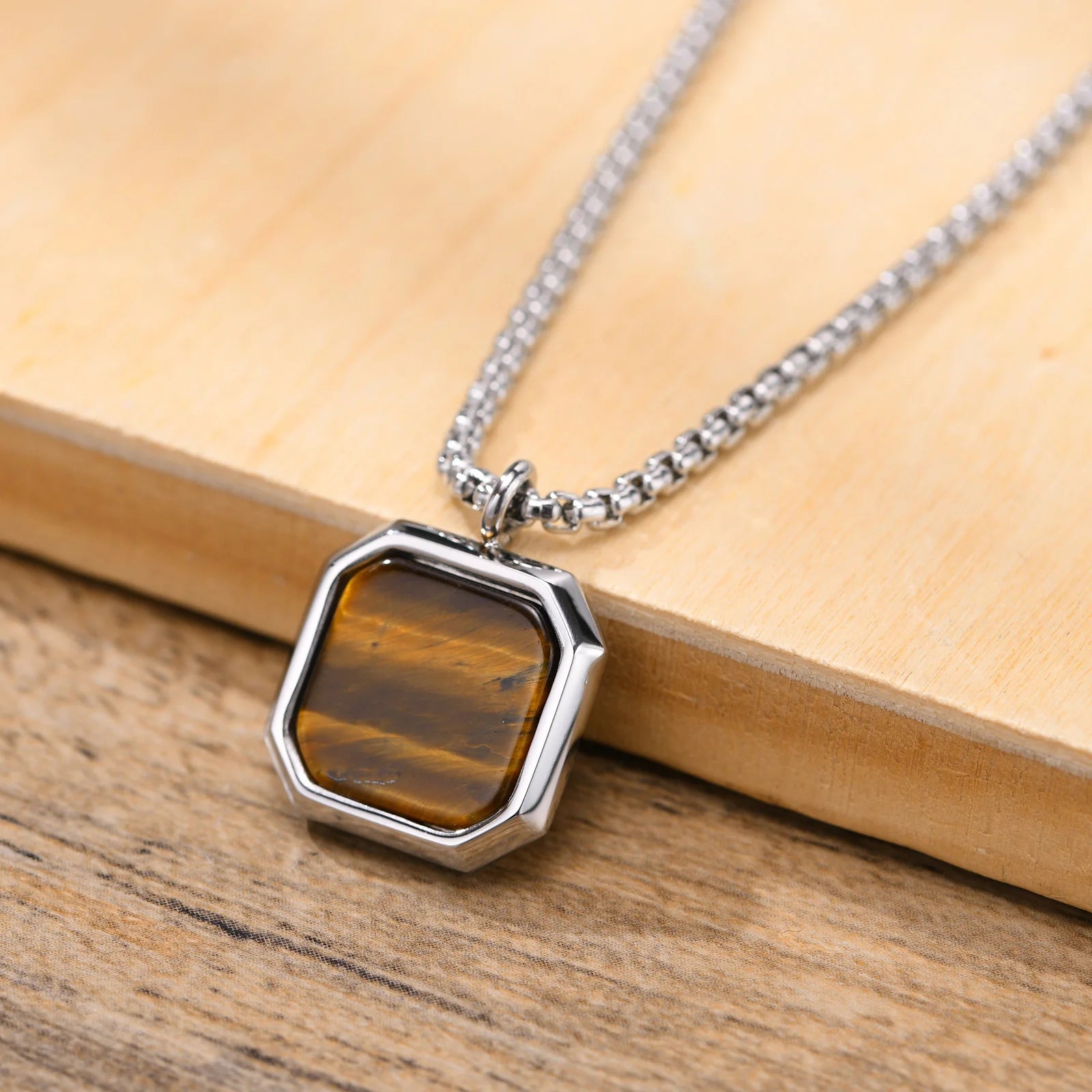 Black Square Necklace for Men, Stainless Steel Geometric Pendant, Casual Punk Boy Layer Cuban Box Figaro Chain Jewelry