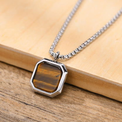 Black Square Necklace for Men, Stainless Steel Geometric Pendant, Casual Punk Boy Layer Cuban Box Figaro Chain Jewelry