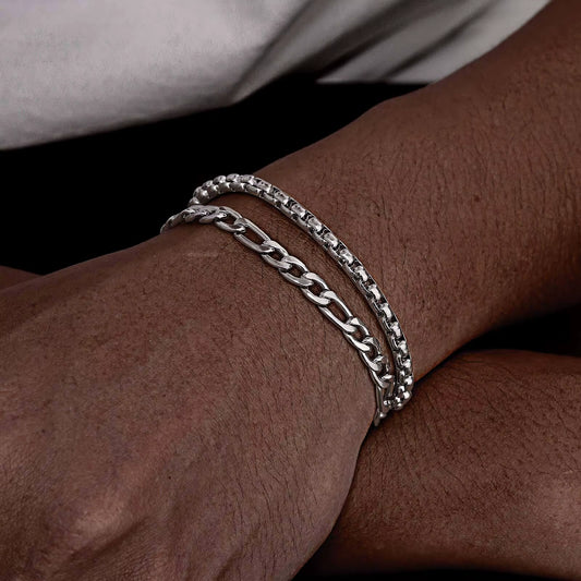 Cuban Link Chain Bracelets for Men Boys, Black Gold Color Stainless Steel Figaro Snake Chain Wristband, Stacked Bracelets