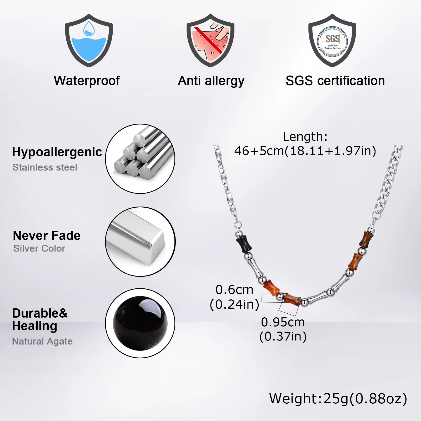 46-51Cm Adjustable Steel Bamboo Necklace with Lobster Clasp, Natural Agate Beads Minimalist Jewelry Gift for Men Women