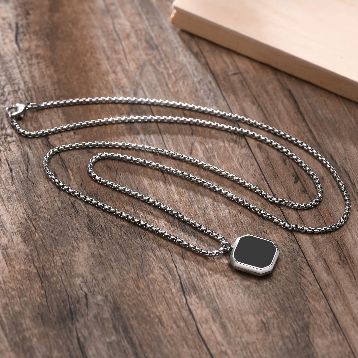 Black Square Necklace for Men, Stainless Steel Geometric Pendant, Casual Punk Boy Layer Cuban Box Figaro Chain Jewelry