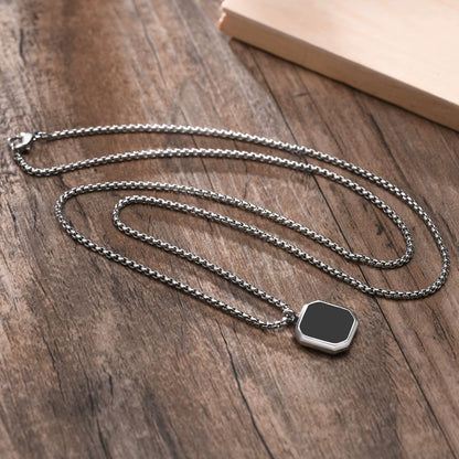 Black Square Necklace for Men, Stainless Steel Geometric Pendant, Casual Punk Boy Layer Cuban Box Figaro Chain Jewelry