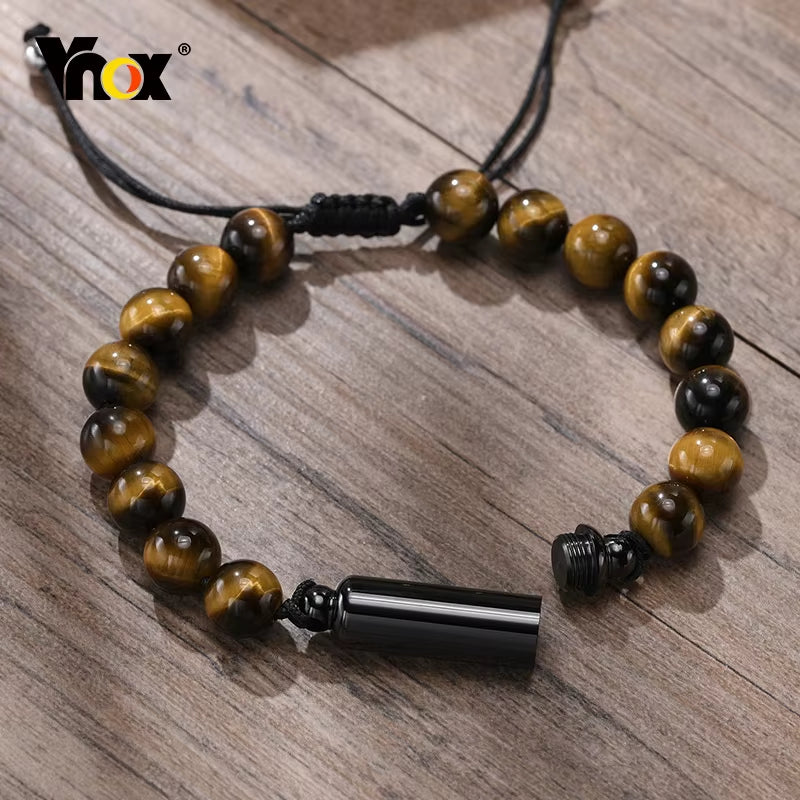 Dropshipping Cremation Urn Bracelets for Men, Adjustable Tiger Eye Beads Chain Wristband, Pet Family Papa Ashes Holder