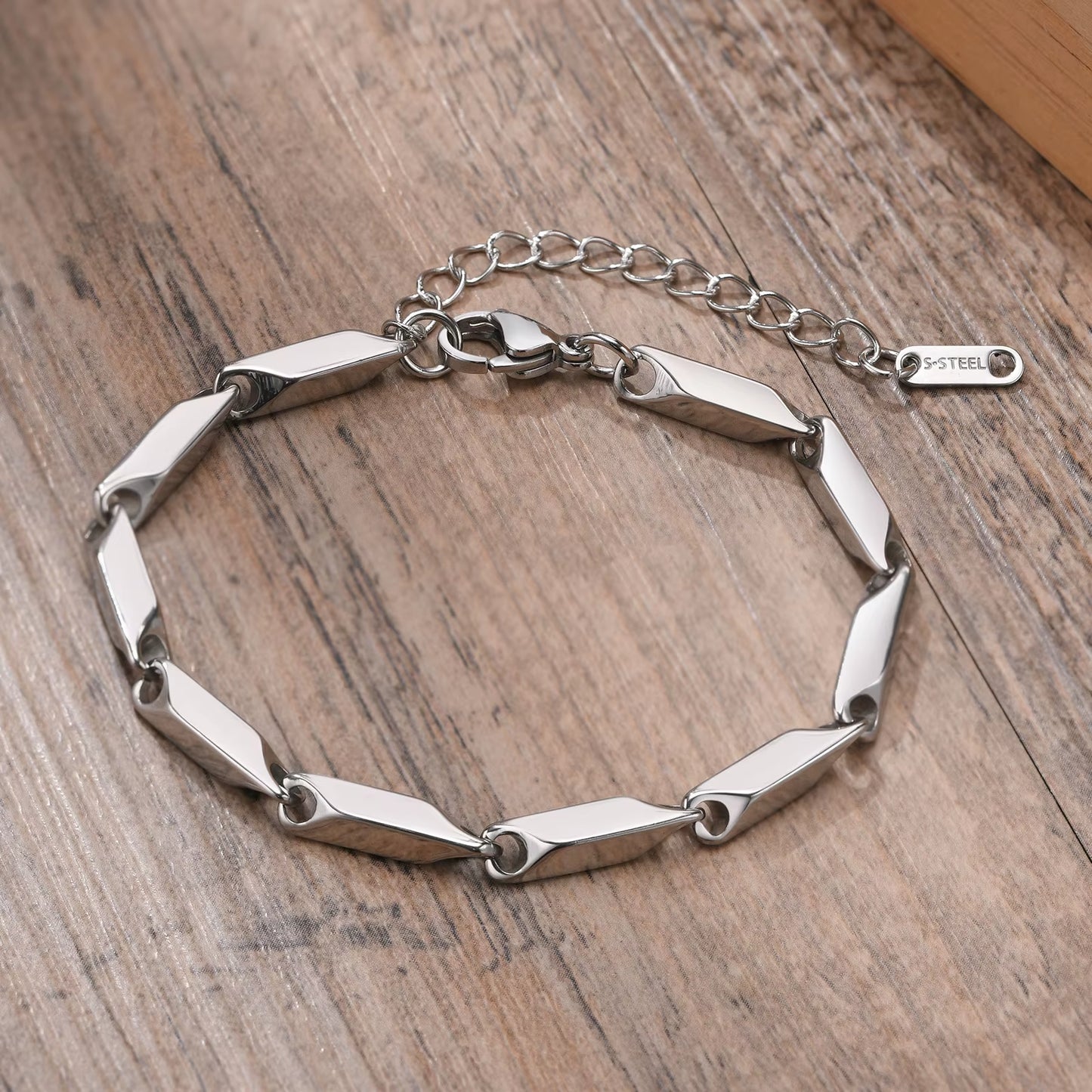 Mens Geometric Rhombus Chain Bracelet,Casual Stainless Steel Metal Links Wristband, Length Adjustable