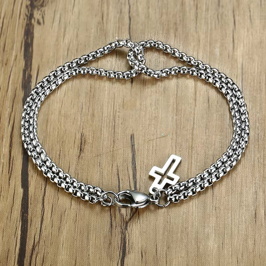 Simple Layered 3Mm Rolo Chain Bracelets for Men,Round Box Link with Cross Charm Wristband,Christ Prayer Vintage Dad Gift