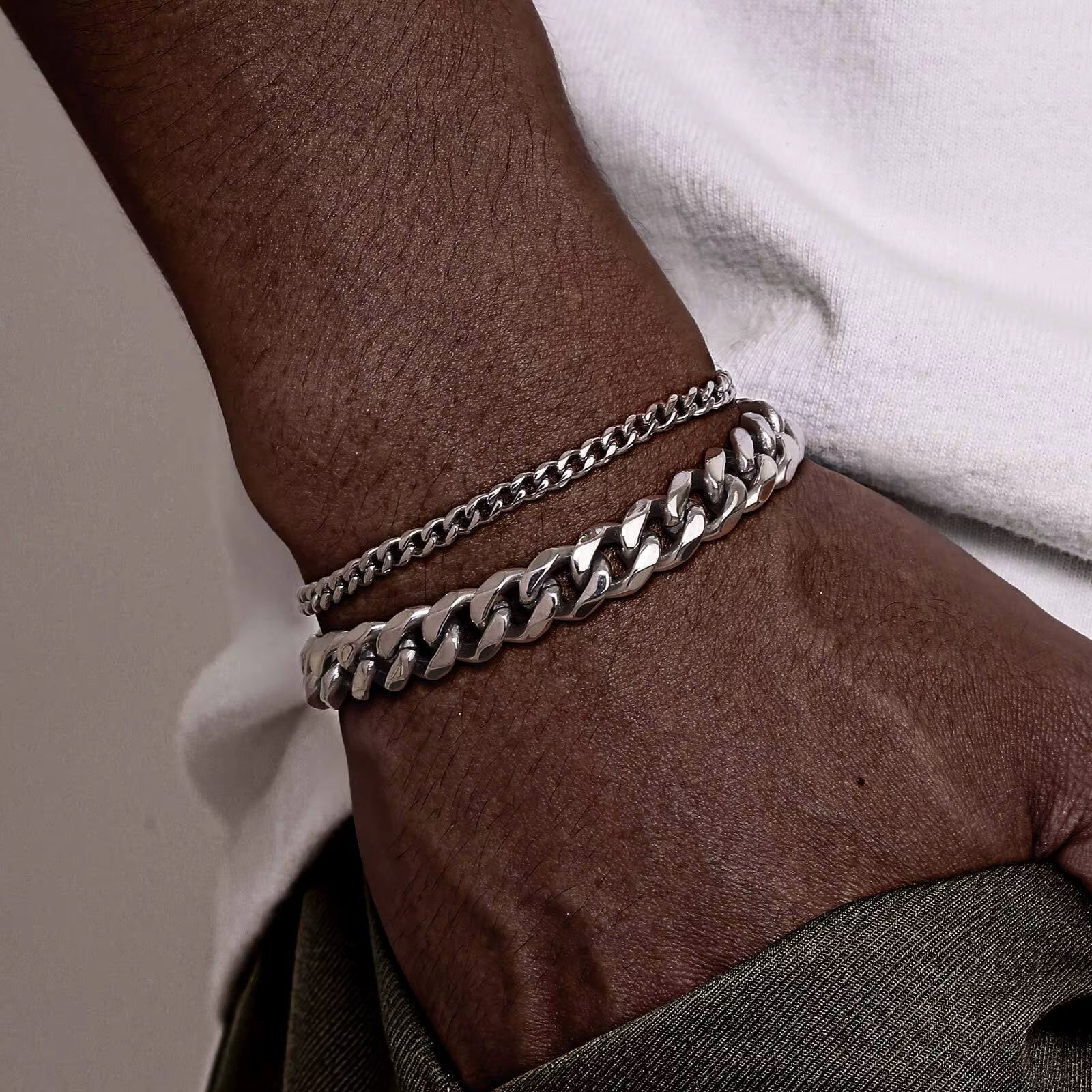 Cuban Link Chain Bracelets for Men Boys, Black Gold Color Stainless Steel Figaro Snake Chain Wristband, Stacked Bracelets