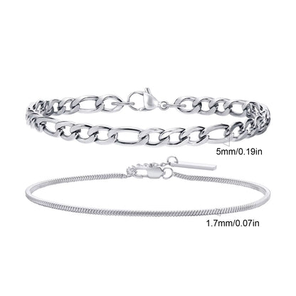 Cuban Link Chain Bracelets for Men Boys, Black Gold Color Stainless Steel Figaro Snake Chain Wristband, Stacked Bracelets