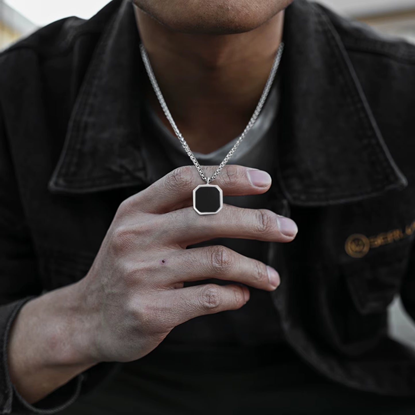 Black Square Necklace for Men, Stainless Steel Geometric Pendant, Casual Punk Boy Layer Cuban Box Figaro Chain Jewelry