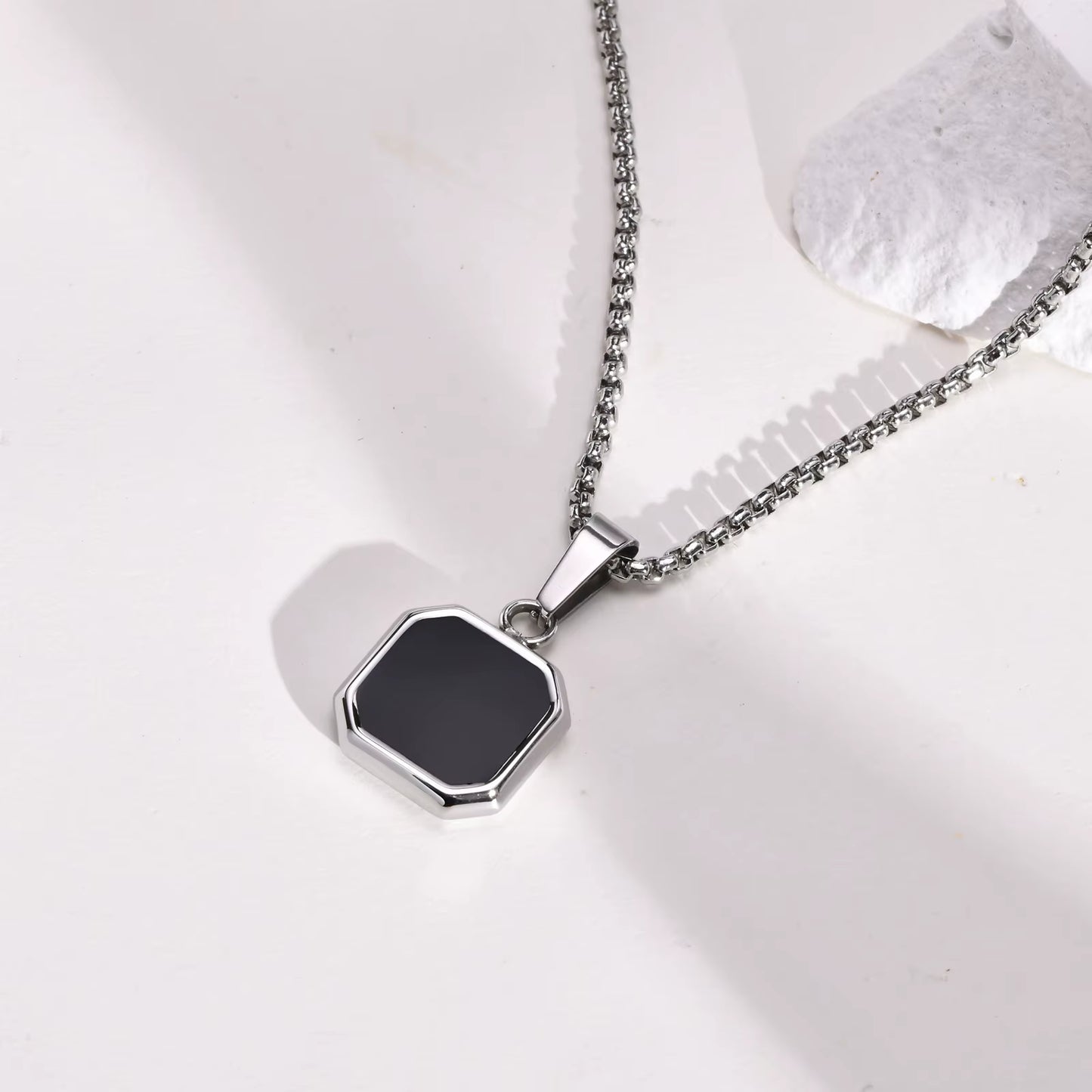 Black Square Necklace for Men, Stainless Steel Geometric Pendant, Casual Punk Boy Layer Cuban Box Figaro Chain Jewelry